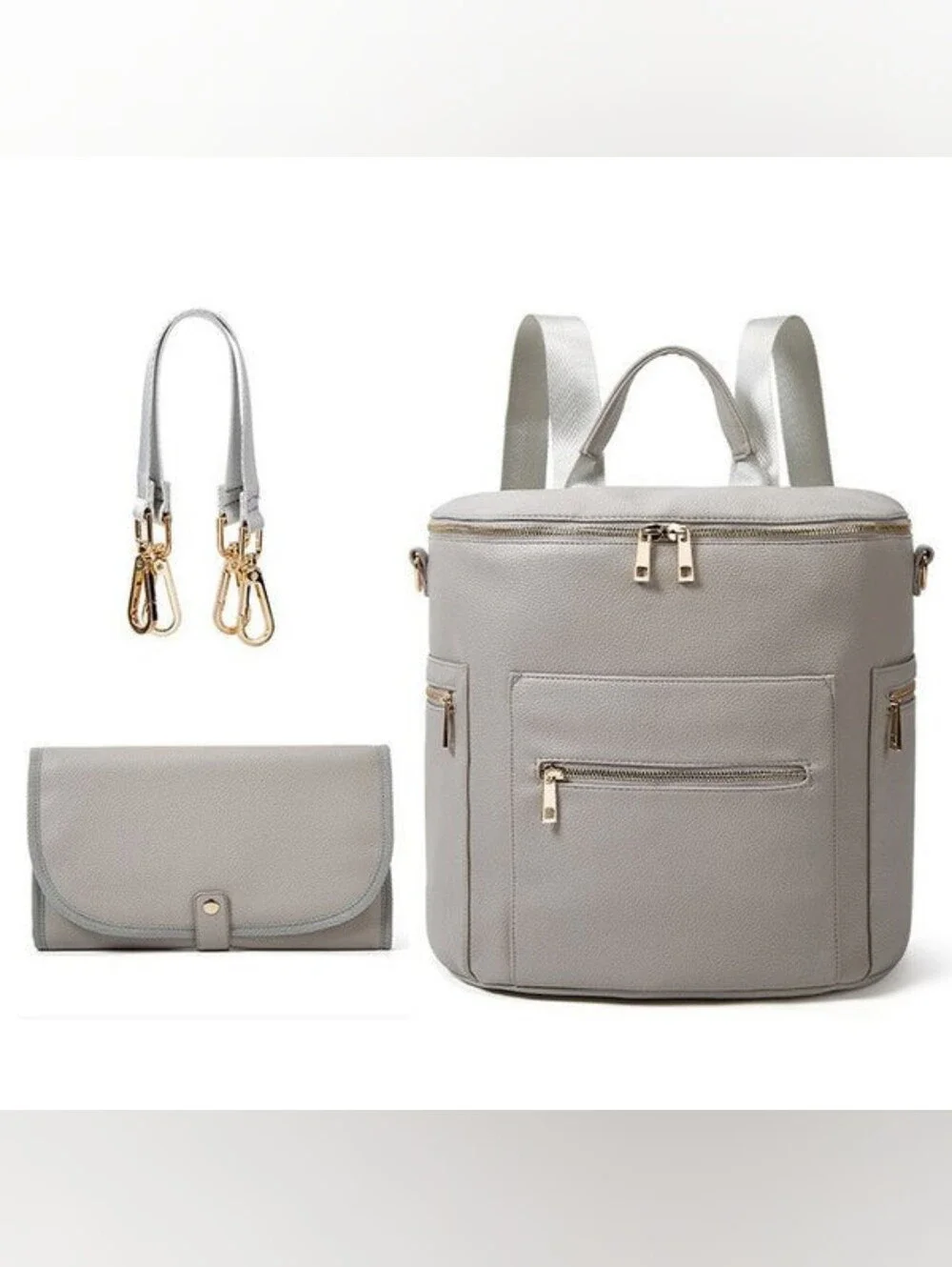 Miss Fong Grey Leather Convertible Diaper Bag Backpack ((Fawn))